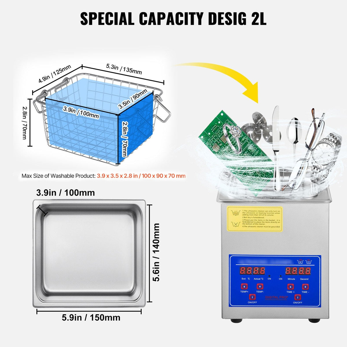 VEVOR 2L Ultrasonic Cleaner Machine Stainless Steel Ultrasonic