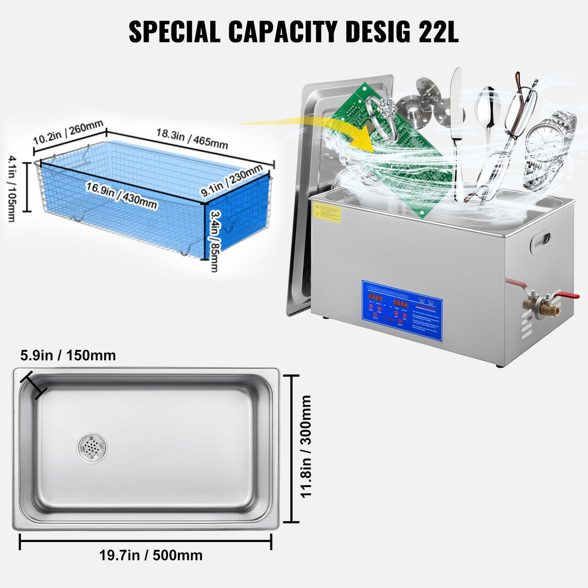 VEVOR 22L Ultrasonic Cleaner Machine Stainless Steel Ultrasonic