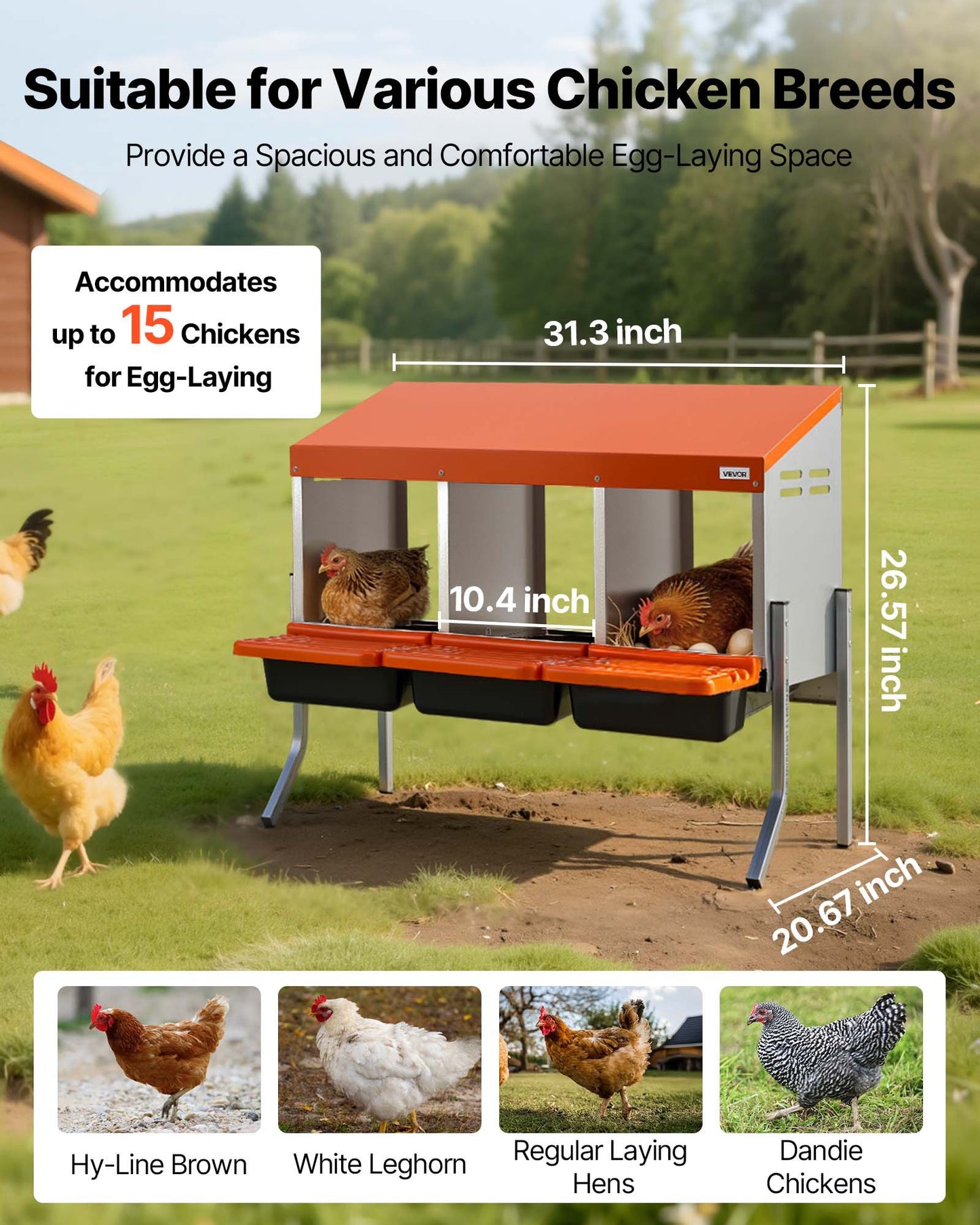 Chicken Nesting Boxes, 3 Compartments, with Support Legs, Easy Egg
