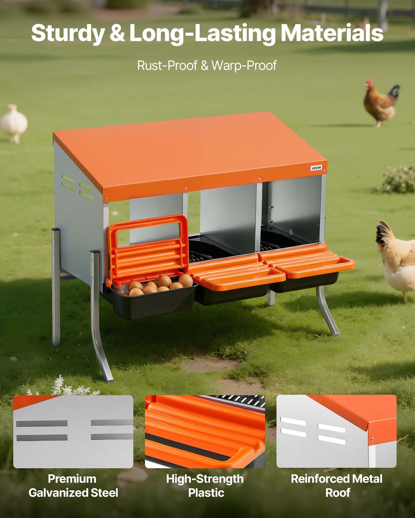 Chicken Nesting Boxes, 3 Compartments, with Support Legs, Easy Egg