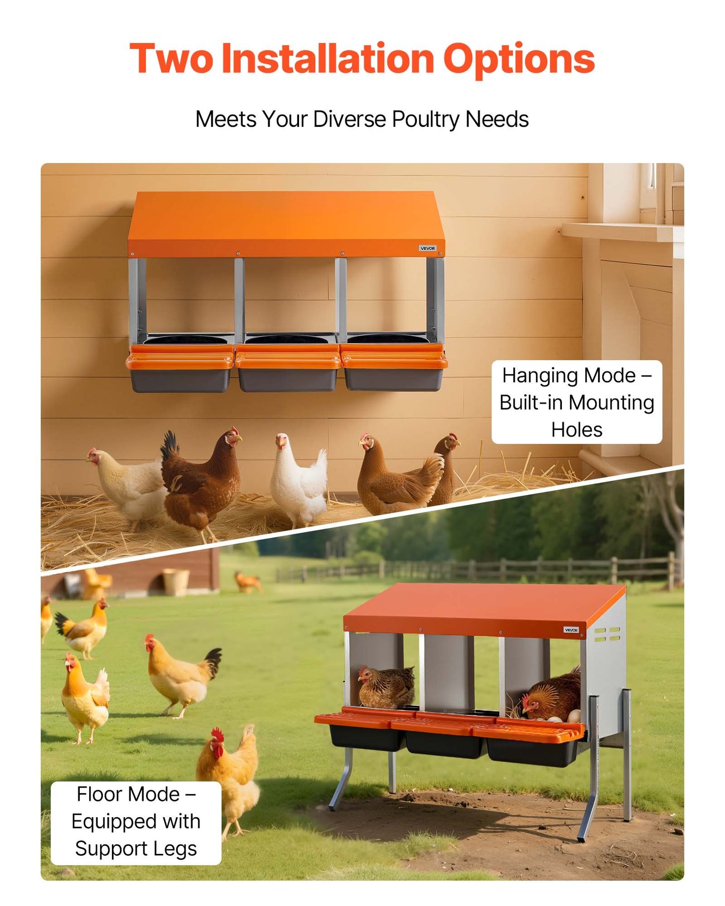 Chicken Nesting Boxes, 3 Compartments, with Support Legs, Easy Egg