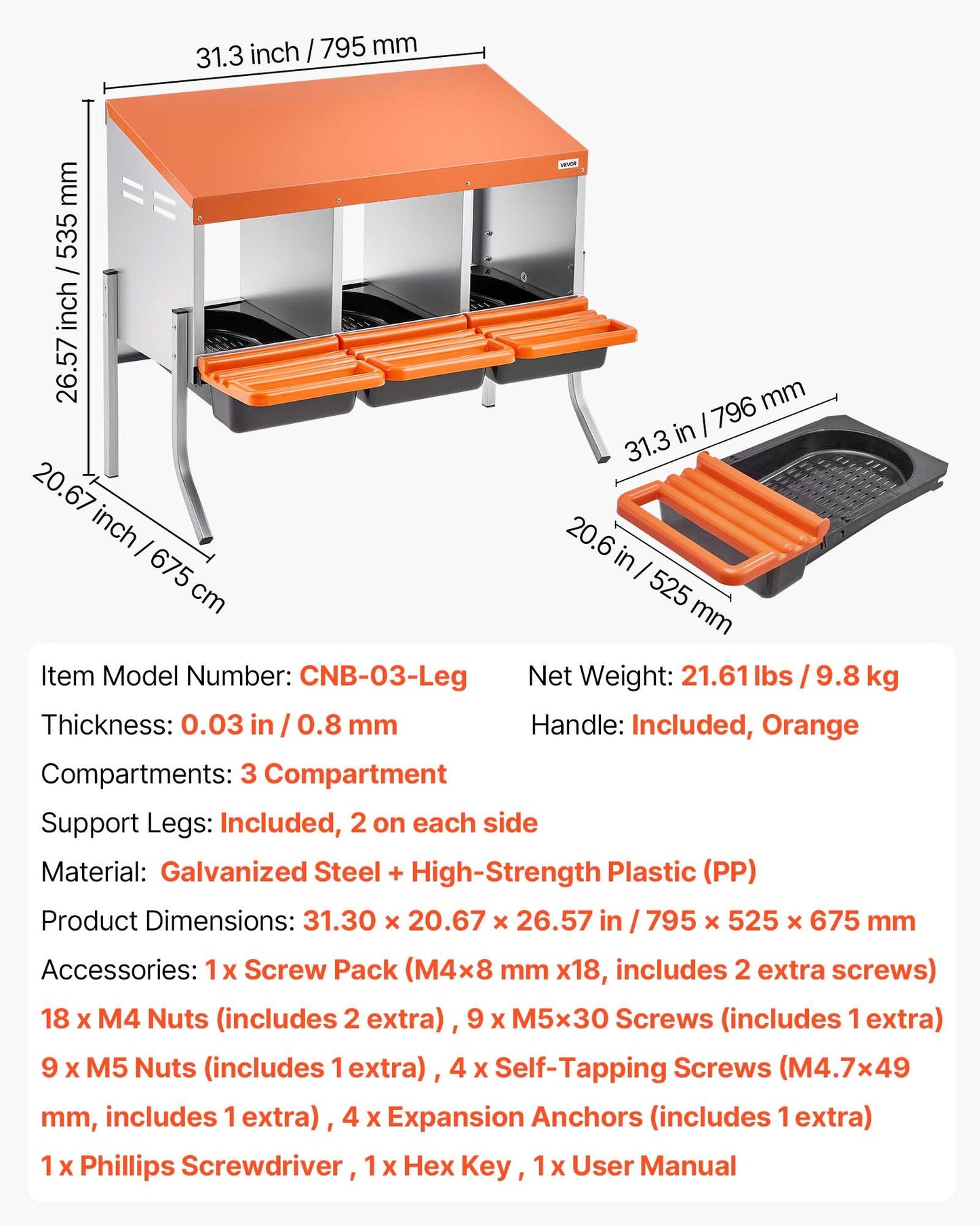 Chicken Nesting Boxes, 3 Compartments, with Support Legs, Easy Egg