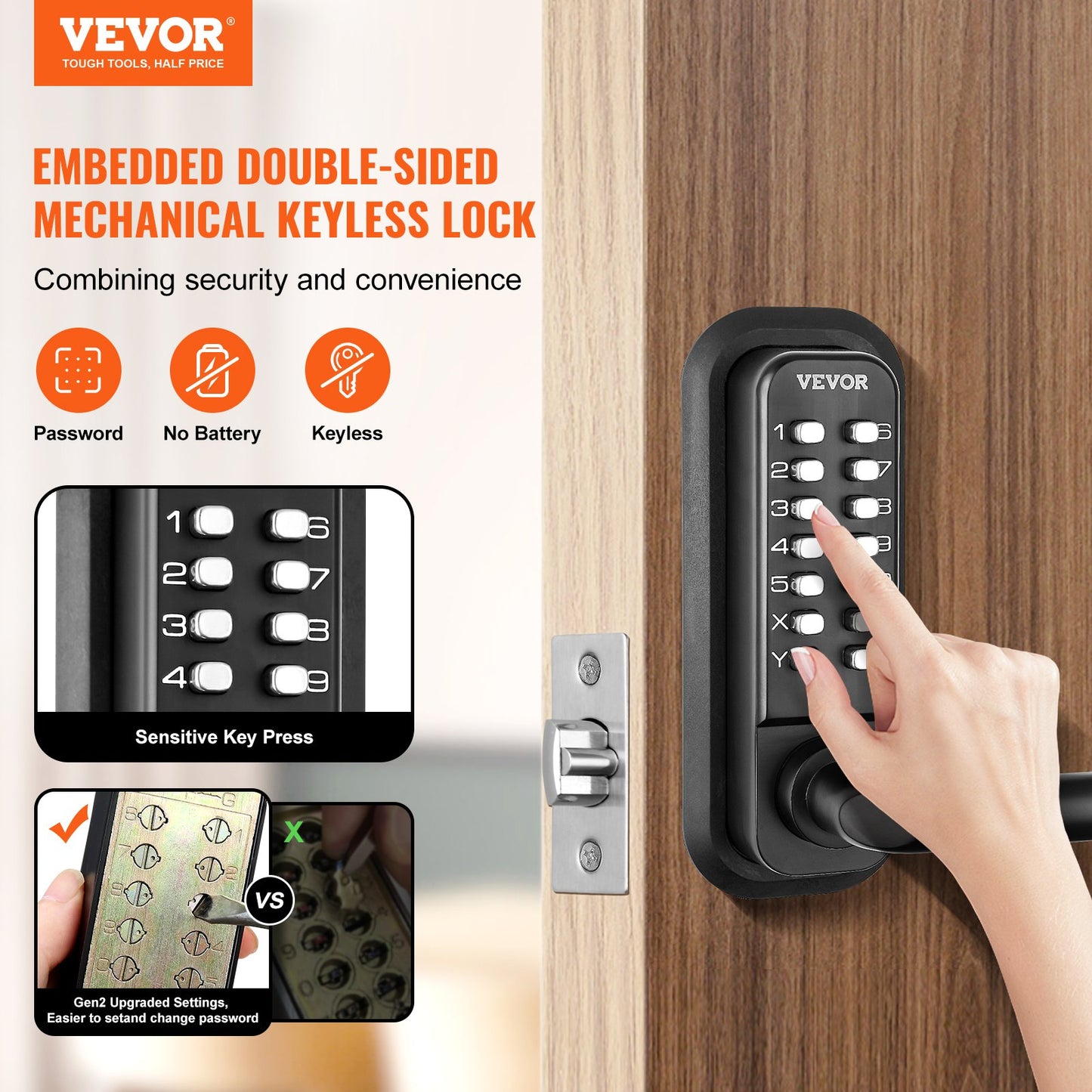 Mechanical Keyless Entry Door Lock, 14 Digit Keypad, Double-sided
