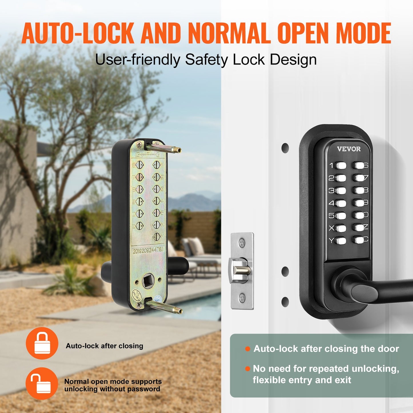 Mechanical Keyless Entry Door Lock, 14 Digit Keypad, Double-sided
