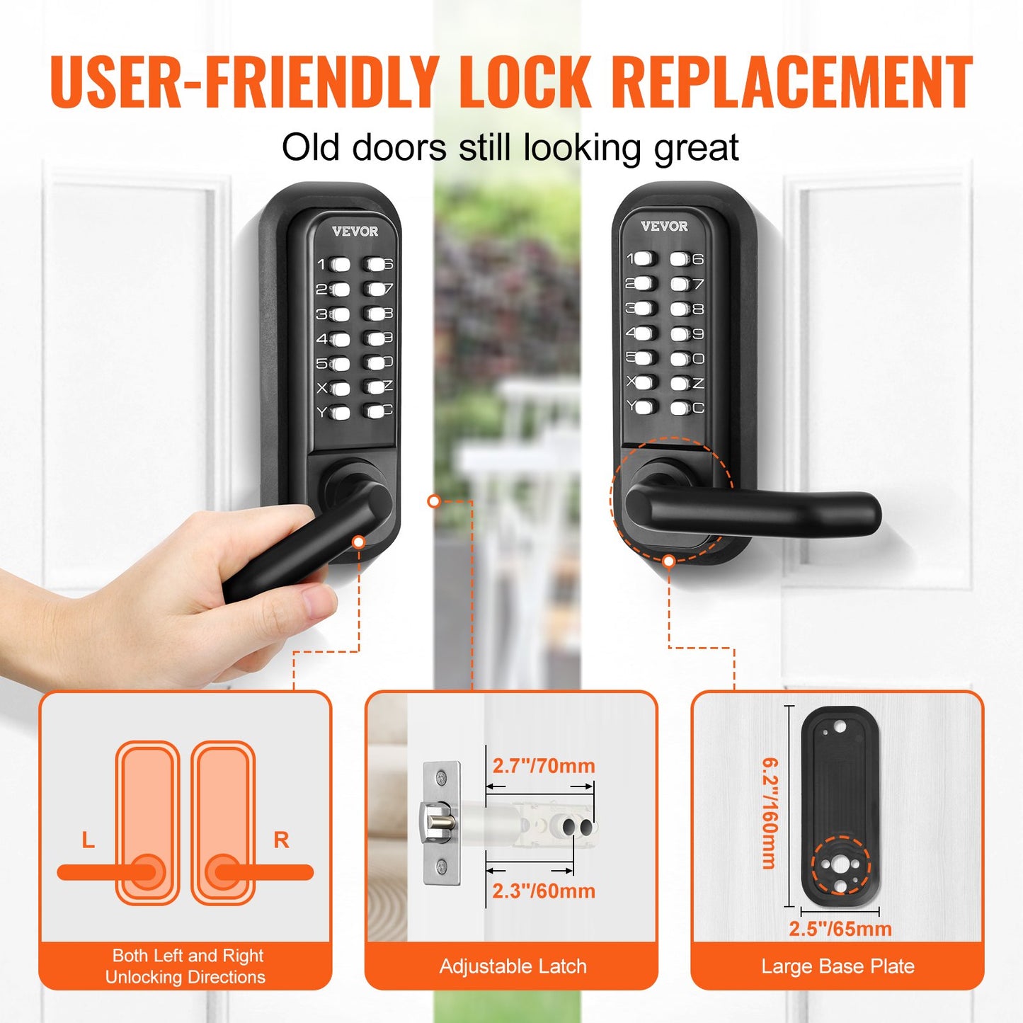 Mechanical Keyless Entry Door Lock, 14 Digit Keypad, Double-sided