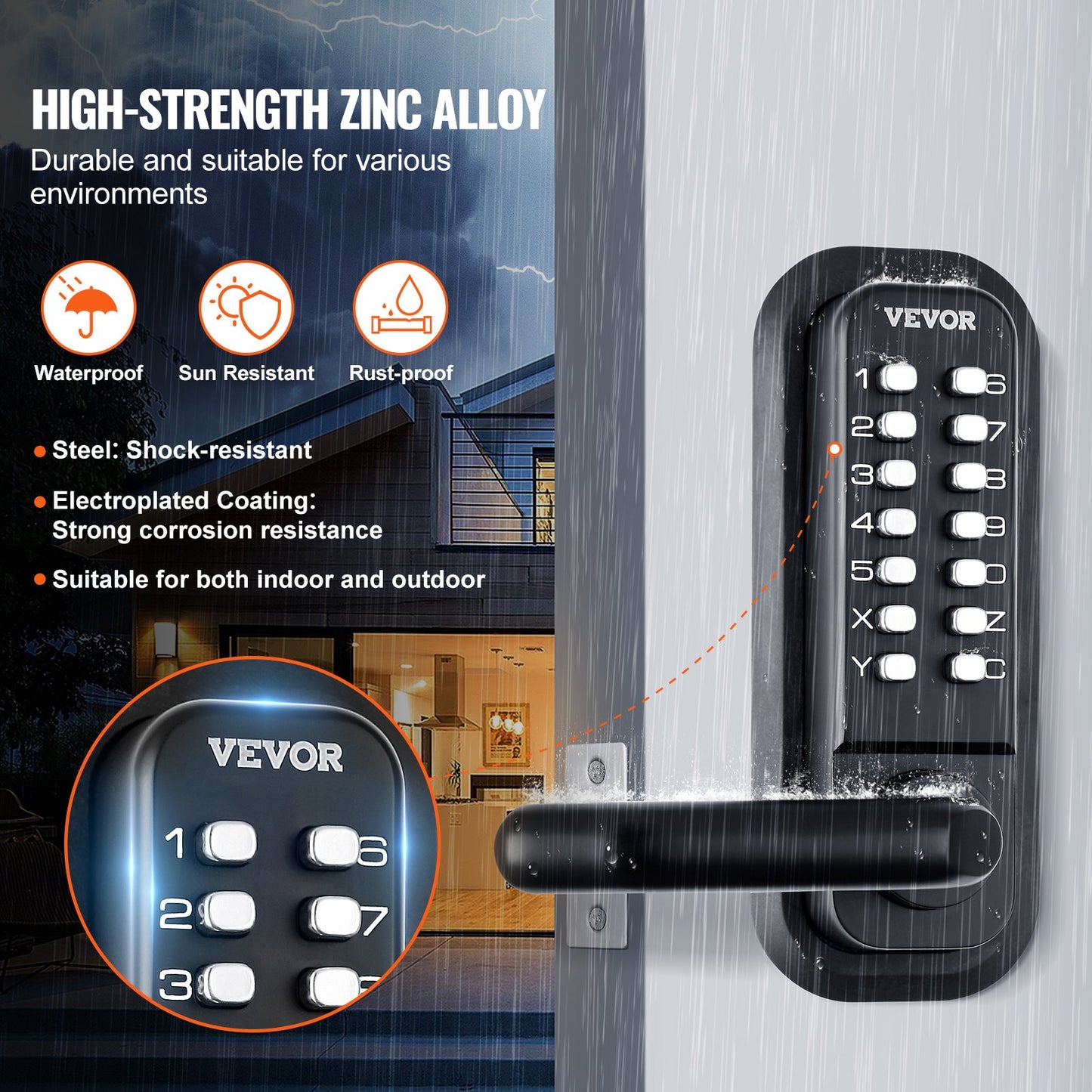 Mechanical Keyless Entry Door Lock, 14 Digit Keypad, Double-sided