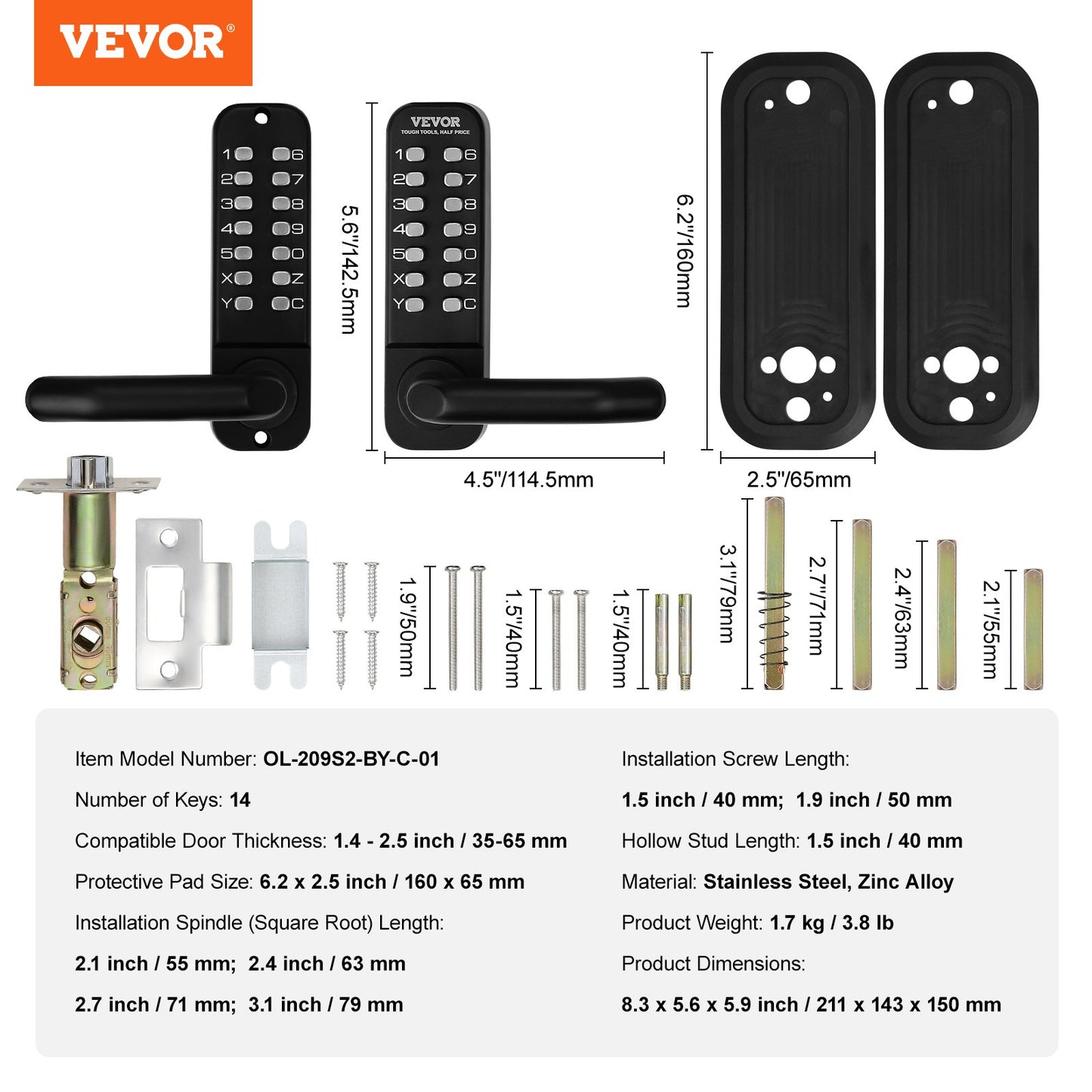 Mechanical Keyless Entry Door Lock, 14 Digit Keypad, Double-sided