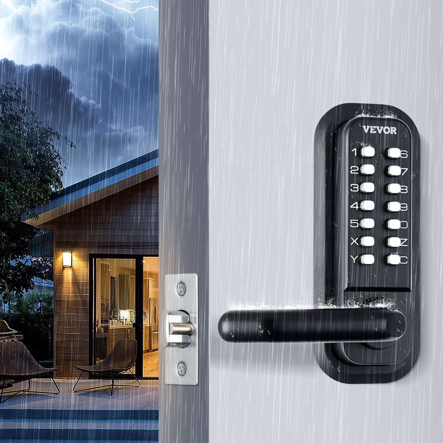 Mechanical Keyless Entry Door Lock, 14 Digit Keypad, Double-sided