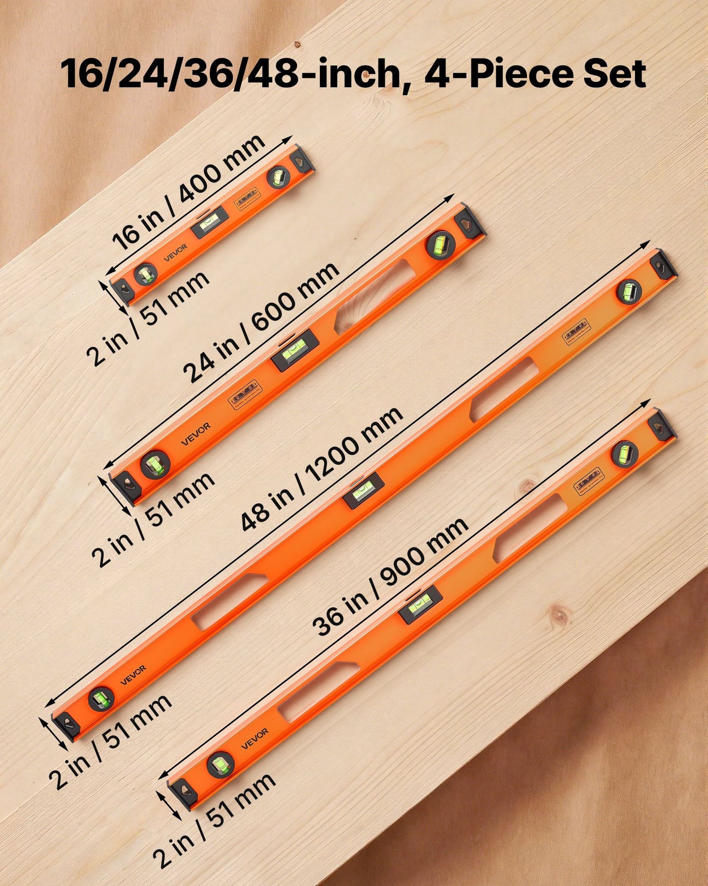 Magnetic Level Set, 4-Piece (400/600/900/1200 mm), Aluminum Alloy