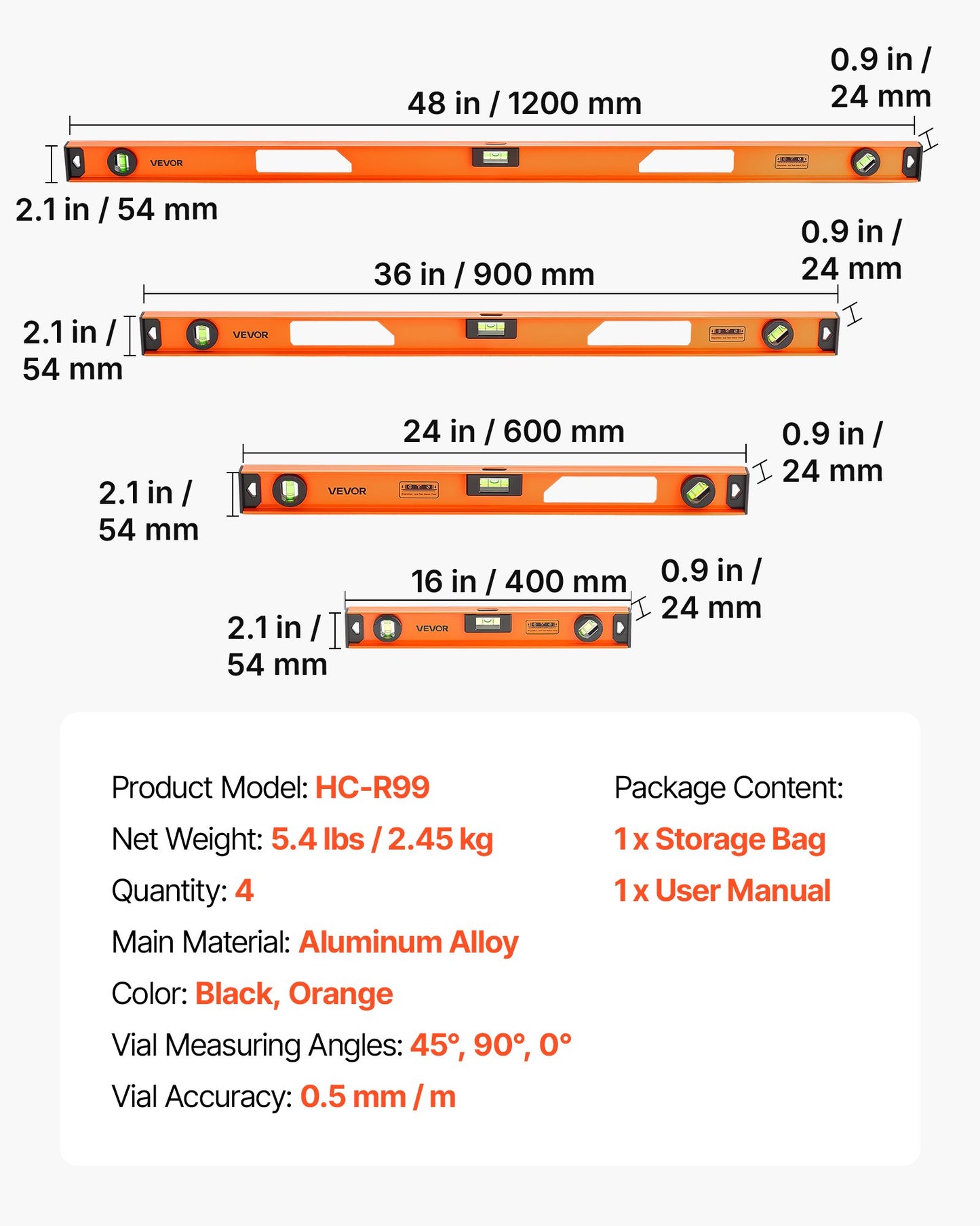 Magnetic Level Set, 4-Piece (400/600/900/1200 mm), Aluminum Alloy