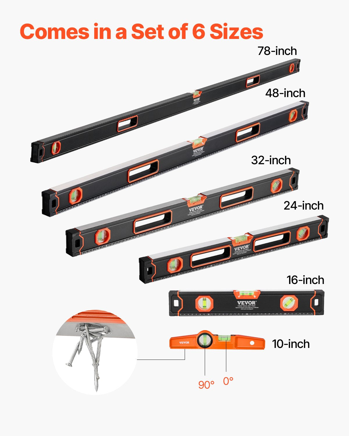 VEVOR 6-Piece Torpedo Level, 78/48/32/24/16/10 Inch Box Levels Set,