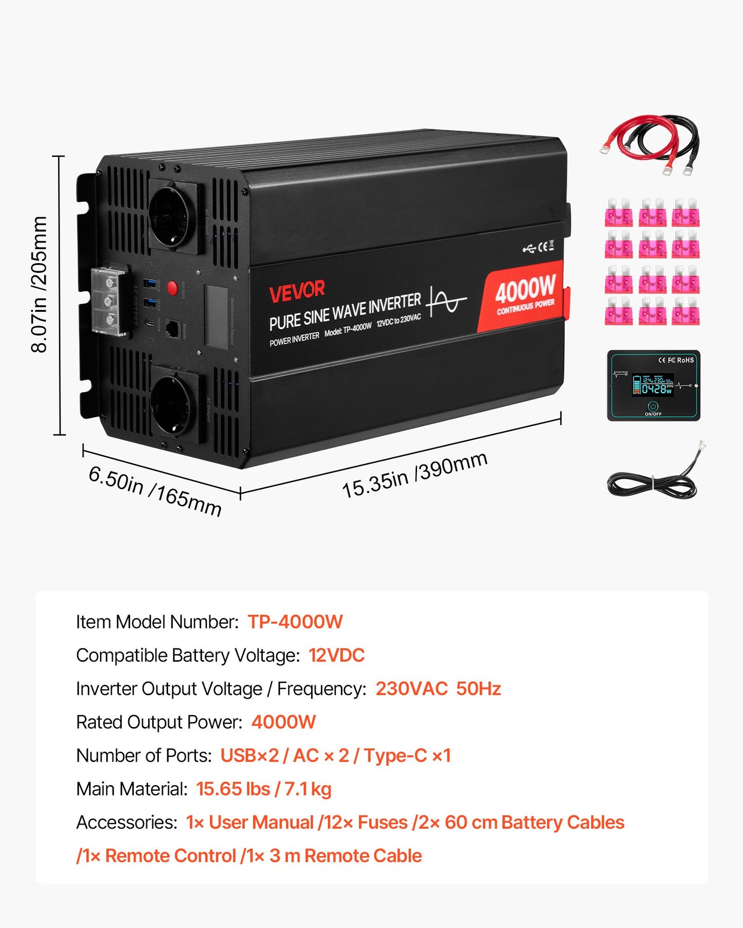 4000W Power Inverter, 12V DC to 230V AC Pure Sine Wave Inverter, Solar