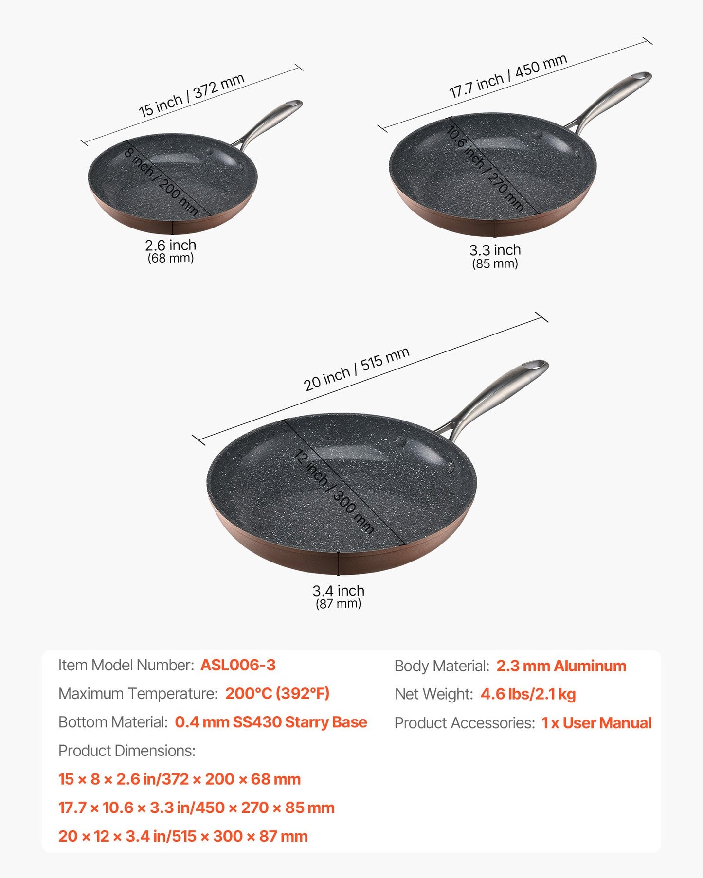 Frying Pan Skillet, Aluminum Egg Fry Pans, 3 Piece (200, 270, 300 mm),
