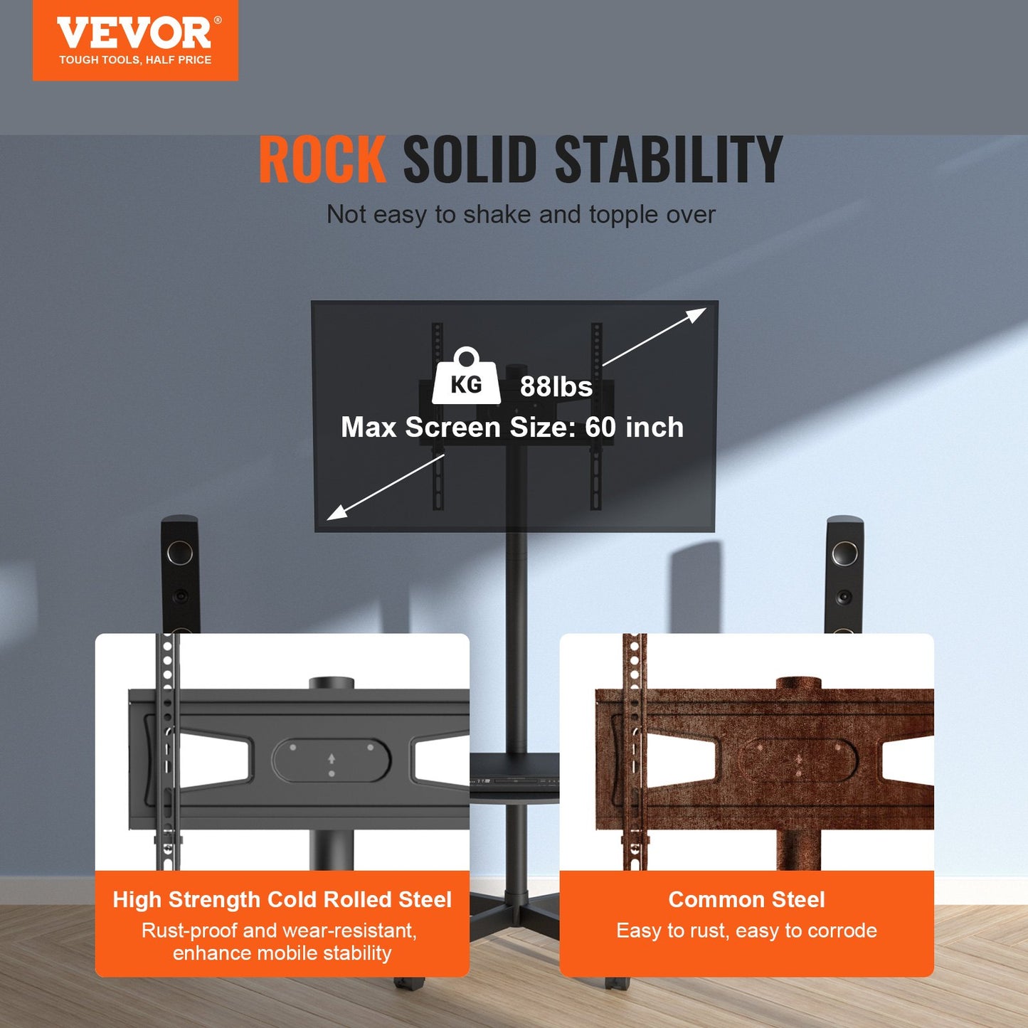 Mobile TV Stand, Mobile TV Cart for 23 to 60 inch TVs, Height