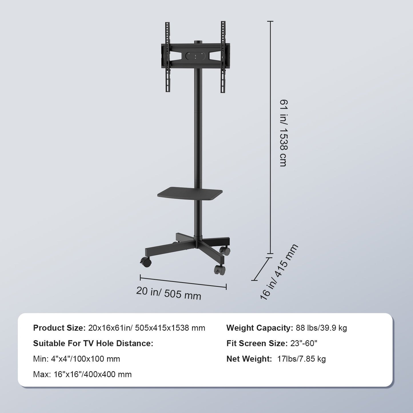 Mobile TV Stand, Mobile TV Cart for 23 to 60 inch TVs, Height