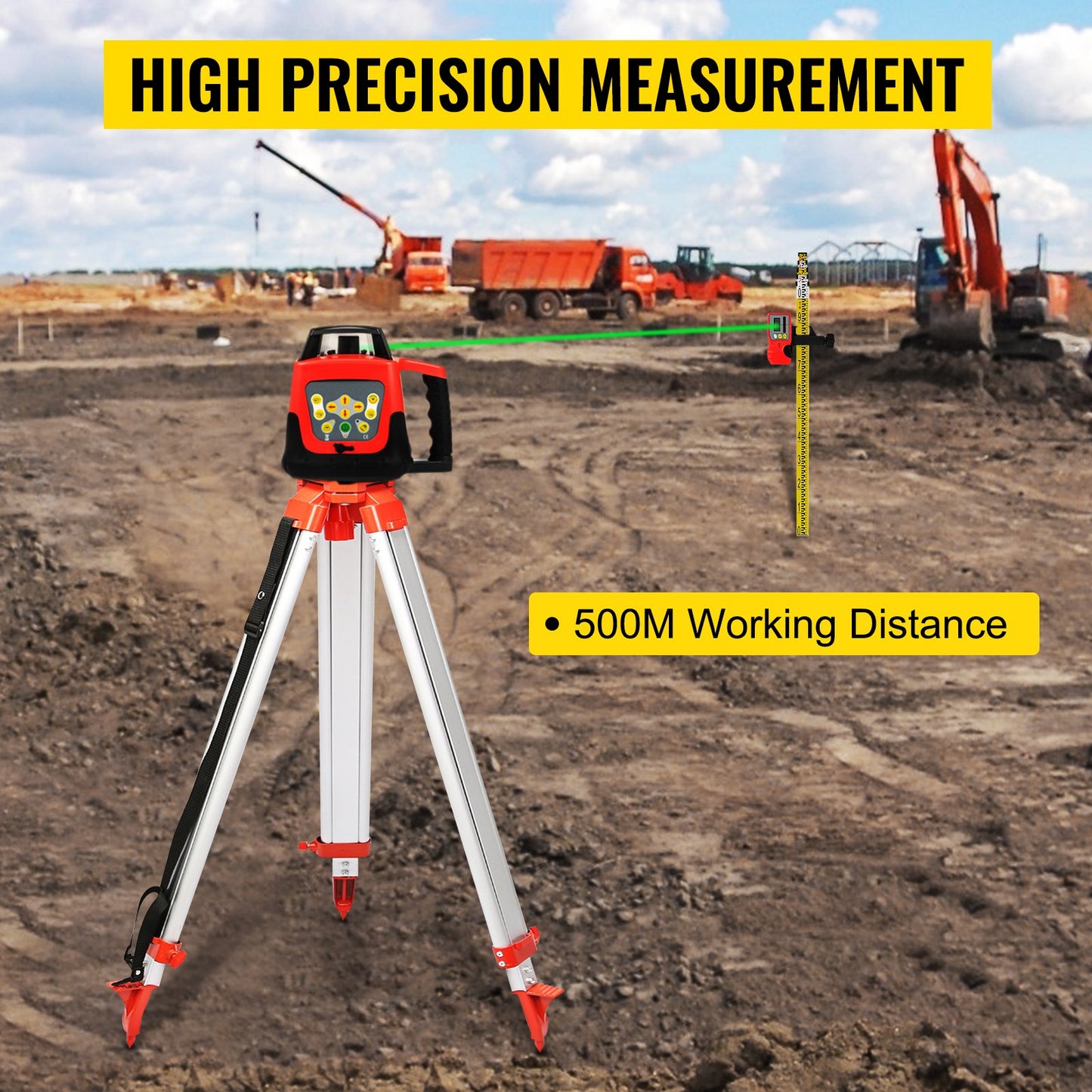 Green Rotary Laser Level Kit with Adjustable Tripod and 5M Staff, 500M
