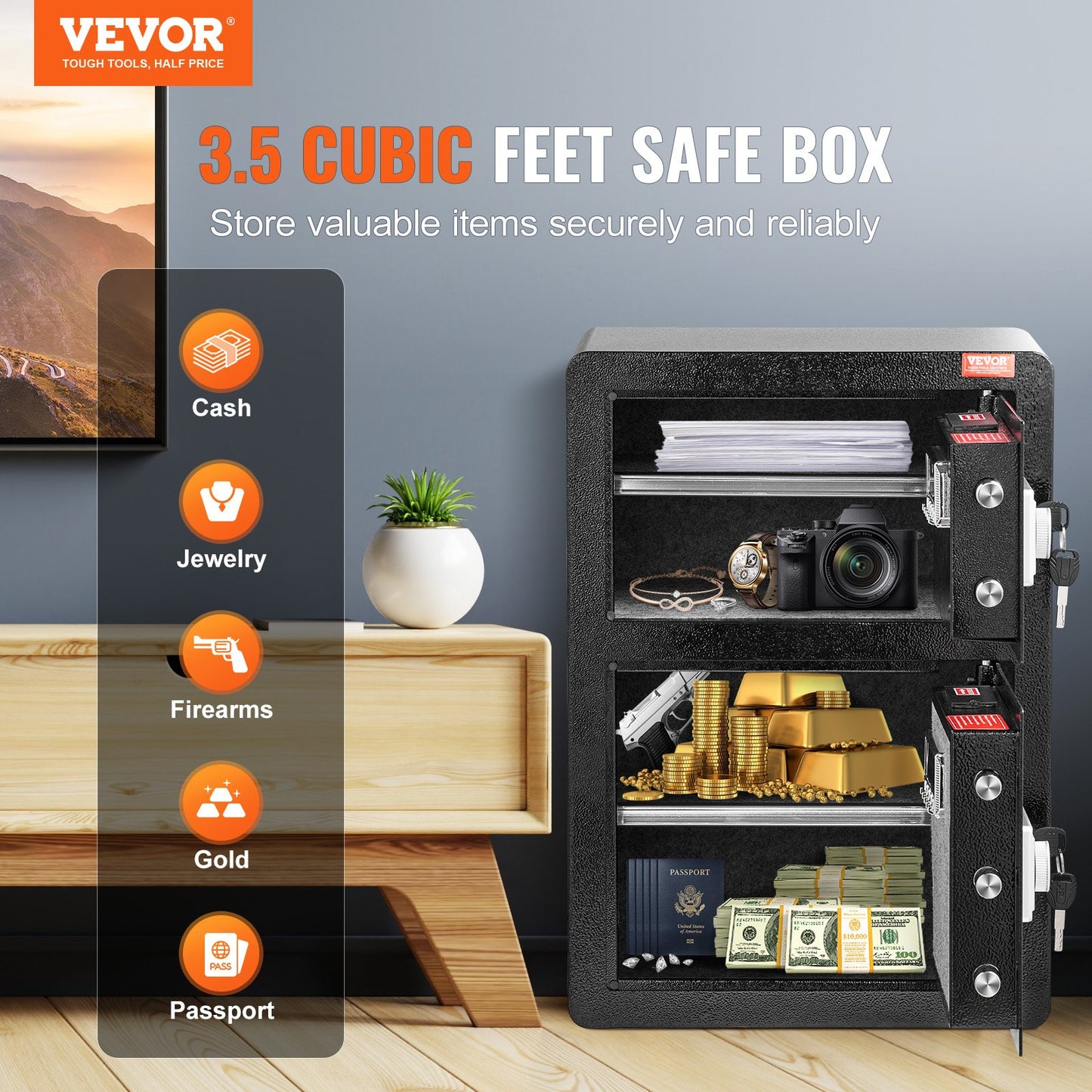 Double Doors 3.5 cu.ft Safe Box with Key Lock & Password, Safe Lock