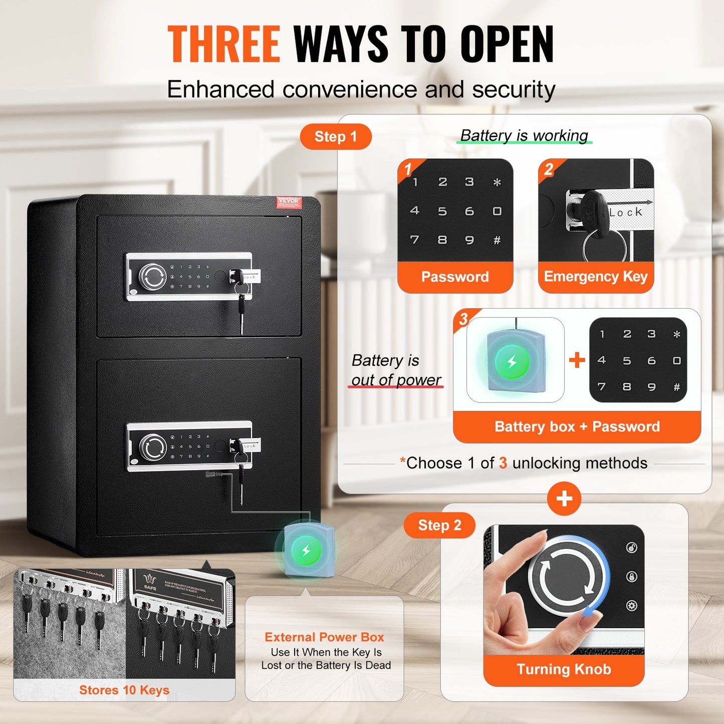 Double Doors 3.5 cu.ft Safe Box with Key Lock & Password, Safe Lock