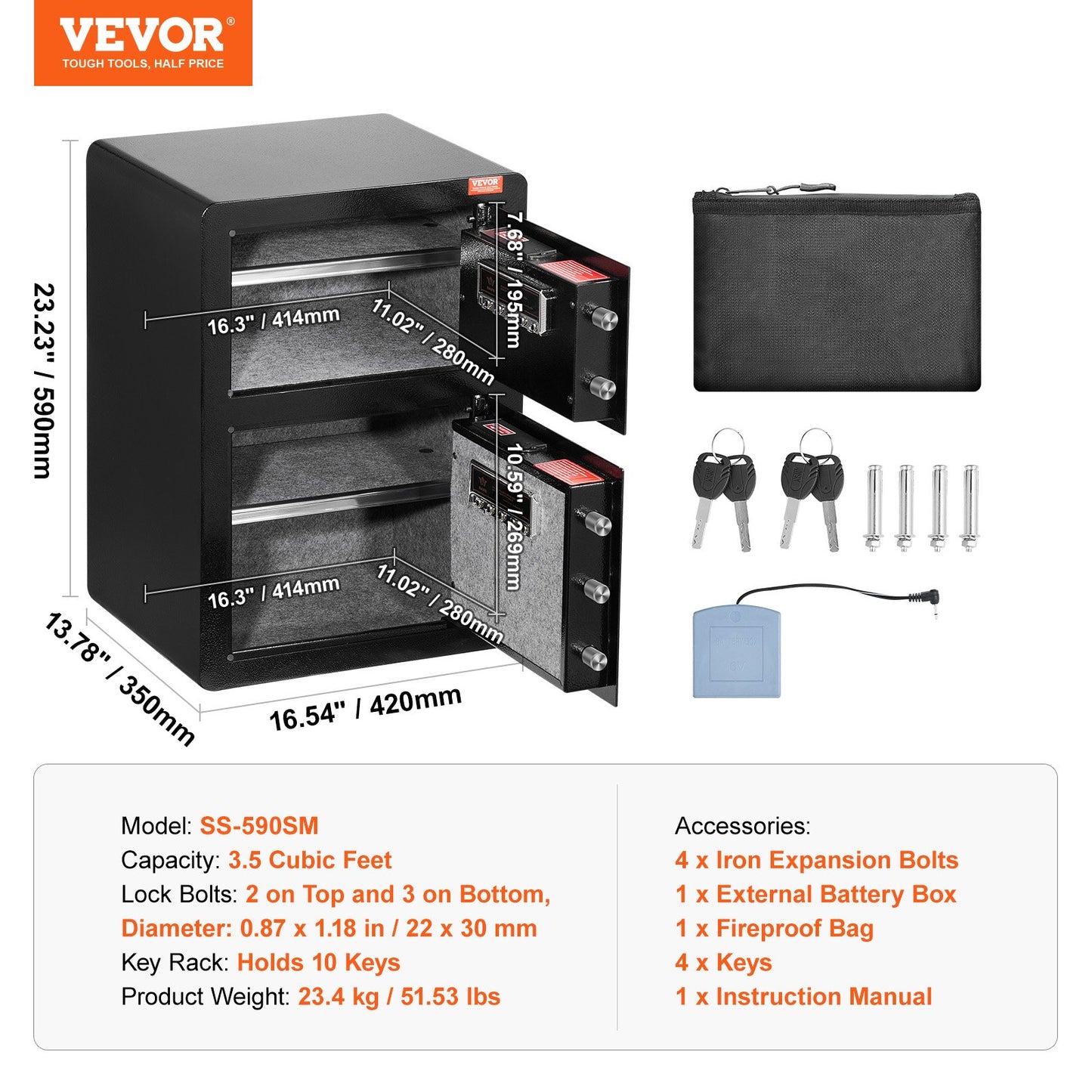 Double Doors 3.5 cu.ft Safe Box with Key Lock & Password, Safe Lock
