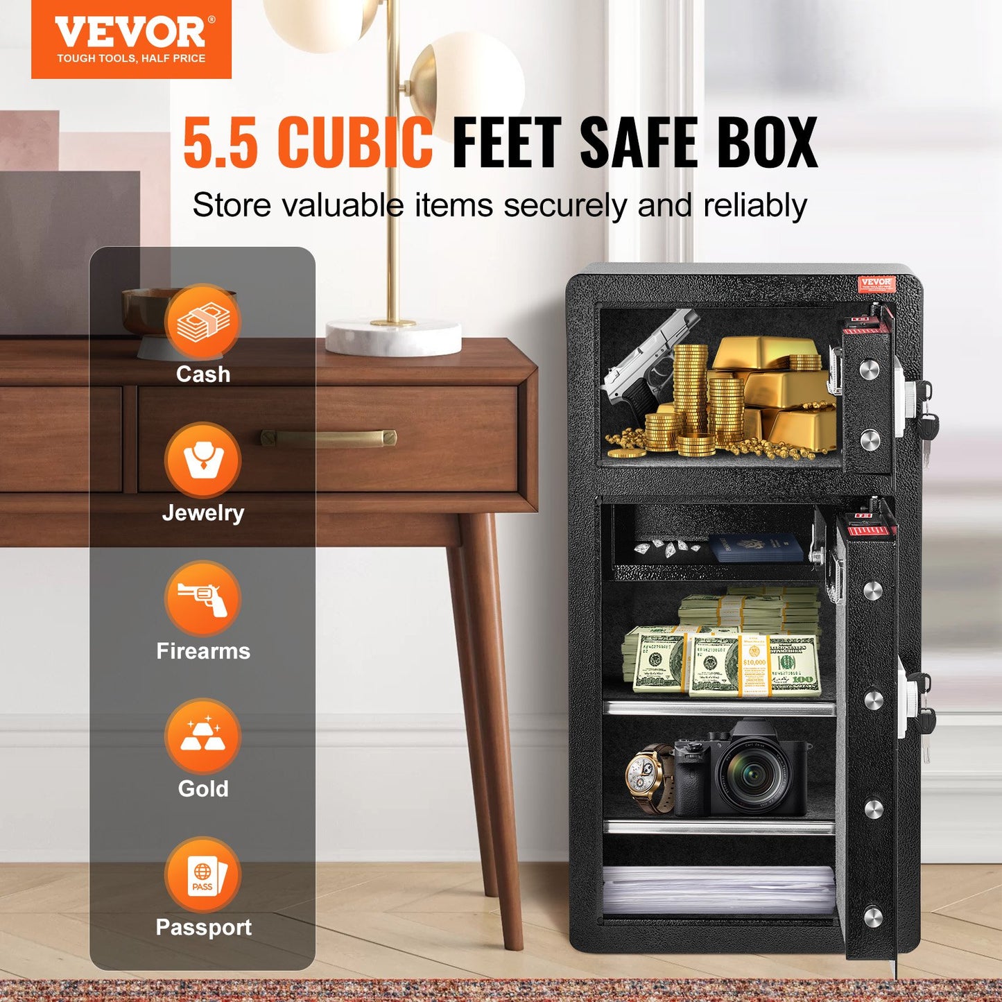 Double Doors 5.5 cu.ft Safe Box with Key Lock & Password, Safe Lock