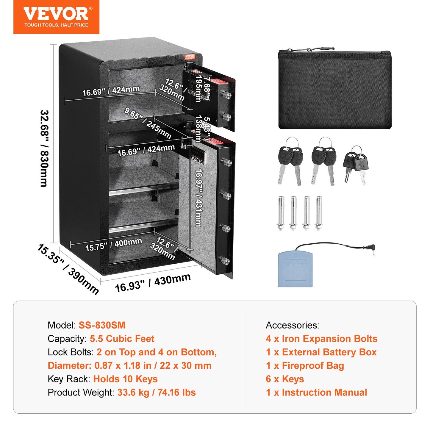 Double Doors 5.5 cu.ft Safe Box with Key Lock & Password, Safe Lock