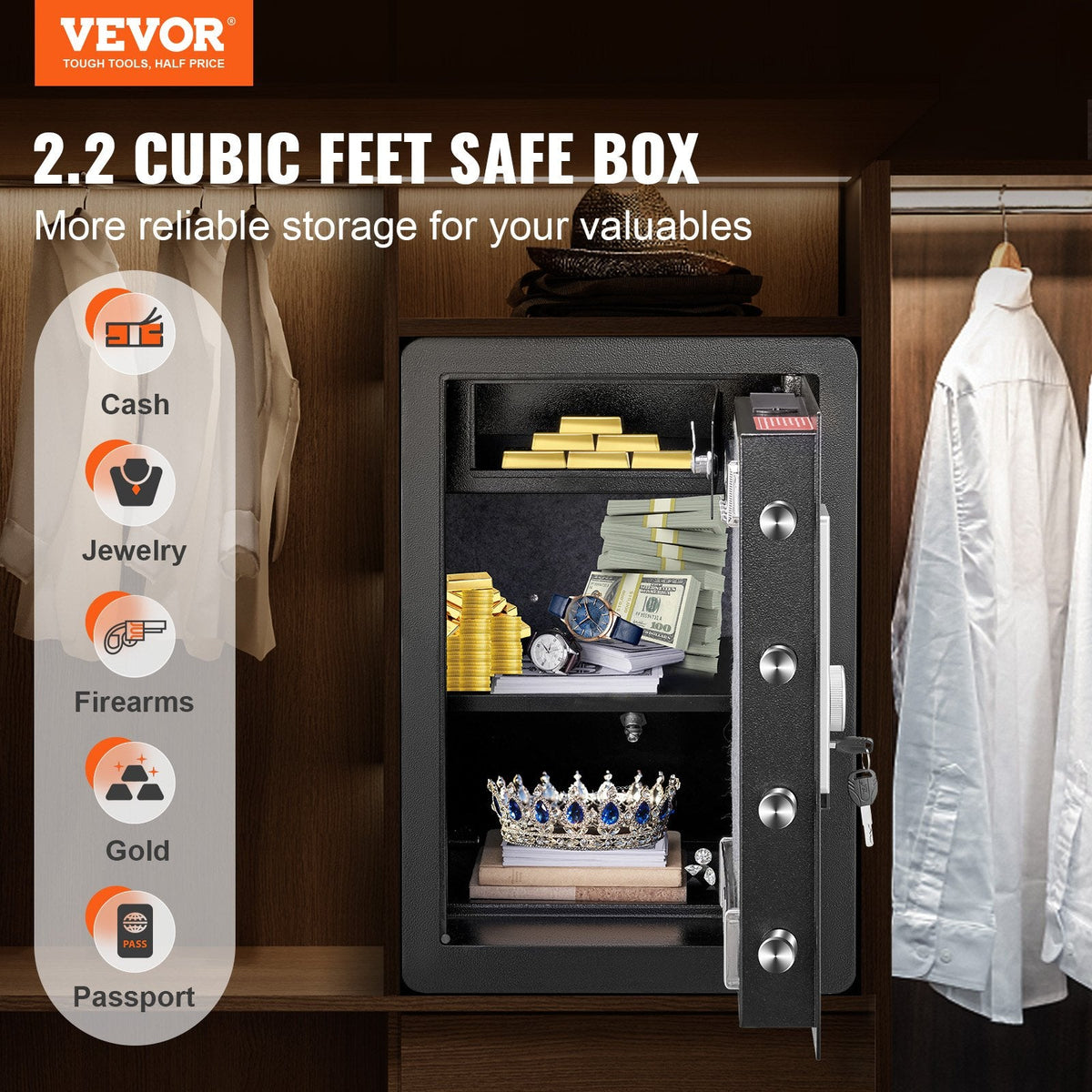 VEVOR Safe, 62 L Home Safe, Steel Security Safe with Fingerprint,