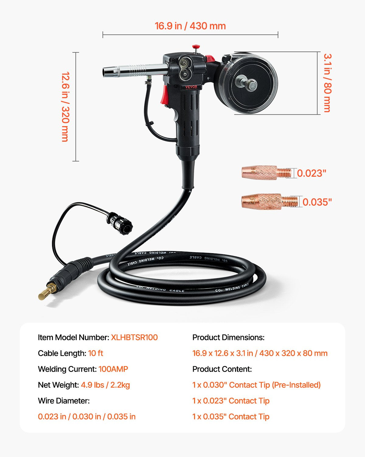 VEVOR 100Amp Spool Gun with 10FT Cable, Compatible with Hobart Handler