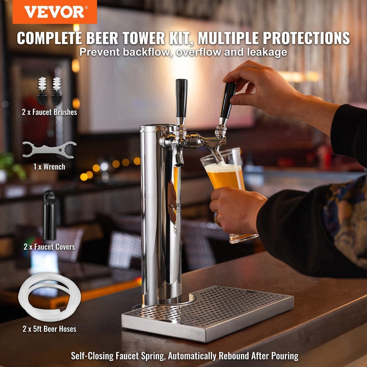VEVOR Dual Taps Draft Beer Tower Dispenser, Stainless Steel Keg Beer
