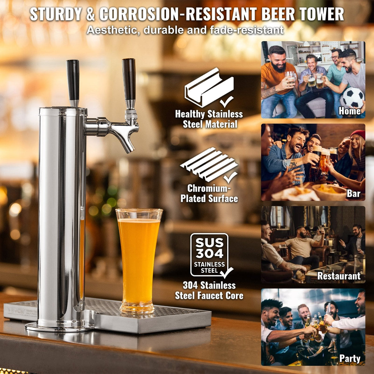 VEVOR Dual Taps Draft Beer Tower Dispenser, Stainless Steel Keg Beer