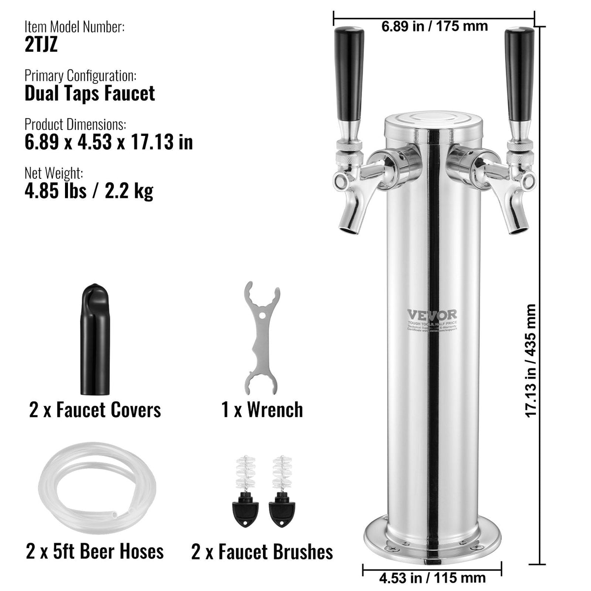 VEVOR Dual Taps Draft Beer Tower Dispenser, Stainless Steel Keg Beer