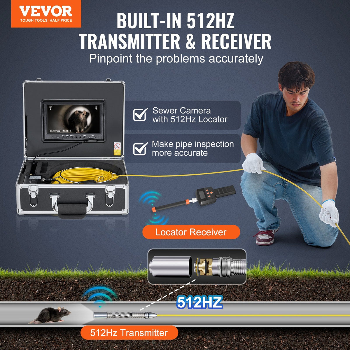 VEVOR Sewer Camera 2987 cm Self-Leveling Duct Camera with 512Hz
