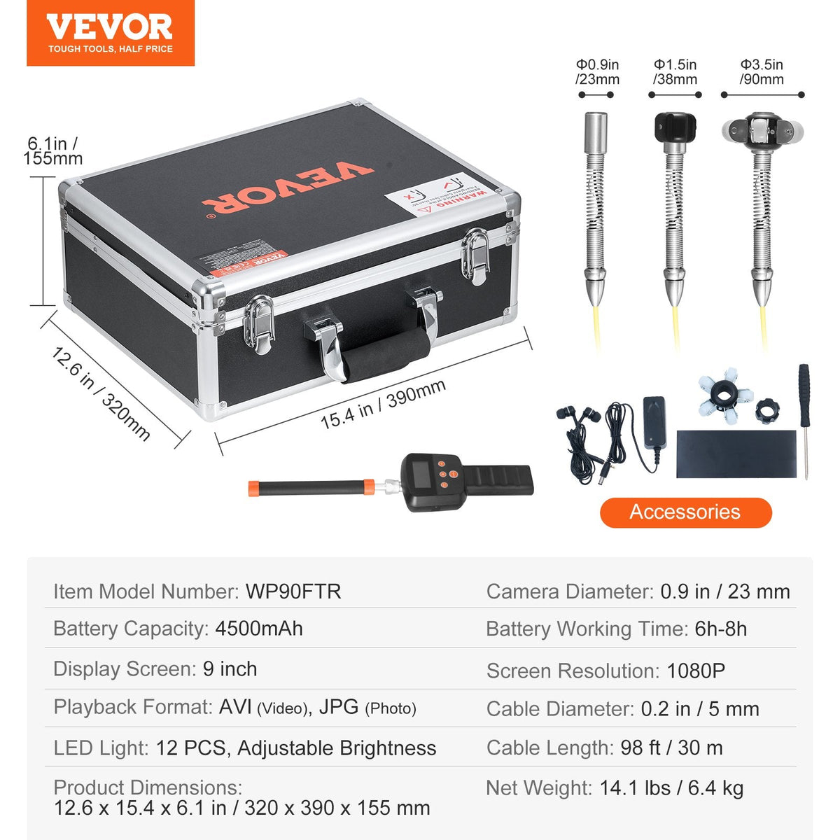 VEVOR Sewer Camera 2987 cm Self-Leveling Duct Camera with 512Hz