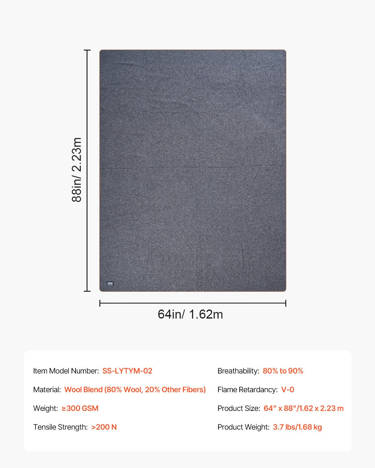 Wool Camping Blanket 1,62x2,23m / 64in x 88in Warm for Camping Hiking