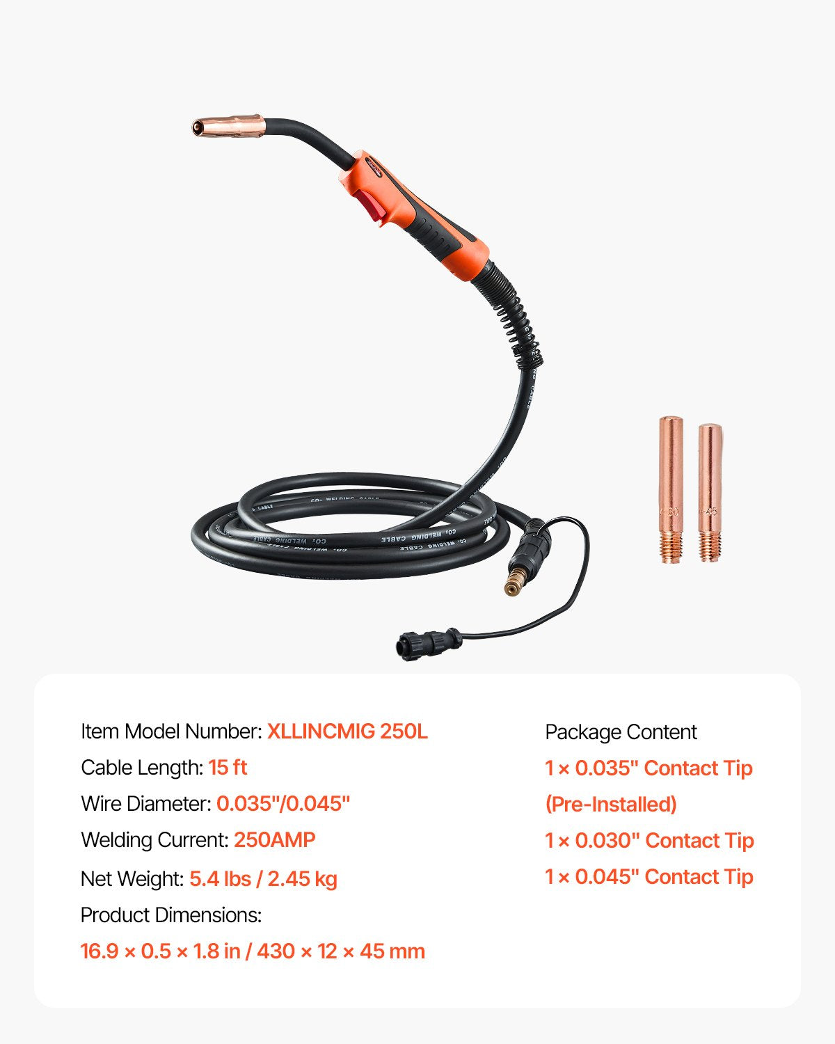 VEVOR 250Amp Mig Welding Gun with 15FT Cable, Compatible with LincoIn