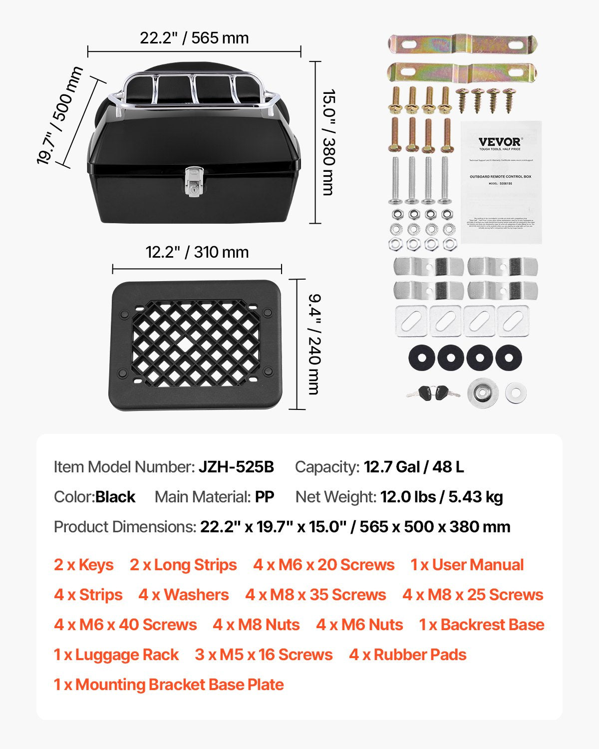 VEVOR Motorcycle Top Case, Universal Durable PP Material Motorbike