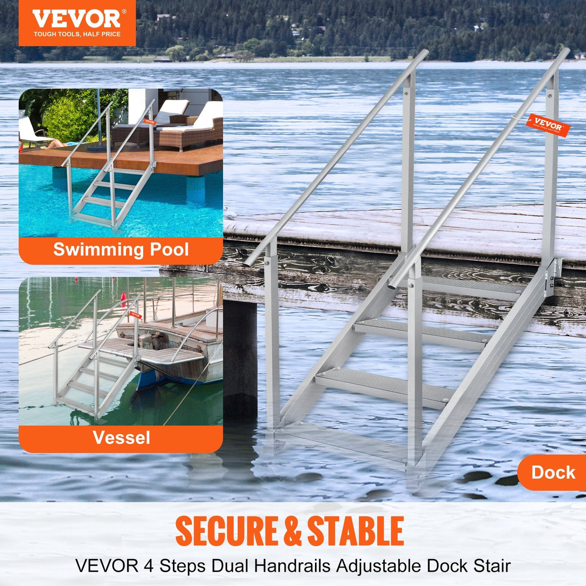 VEVOR Dock Ladder 4 Step, Dock Stairs 30''-38'' Adjustable Height, 500