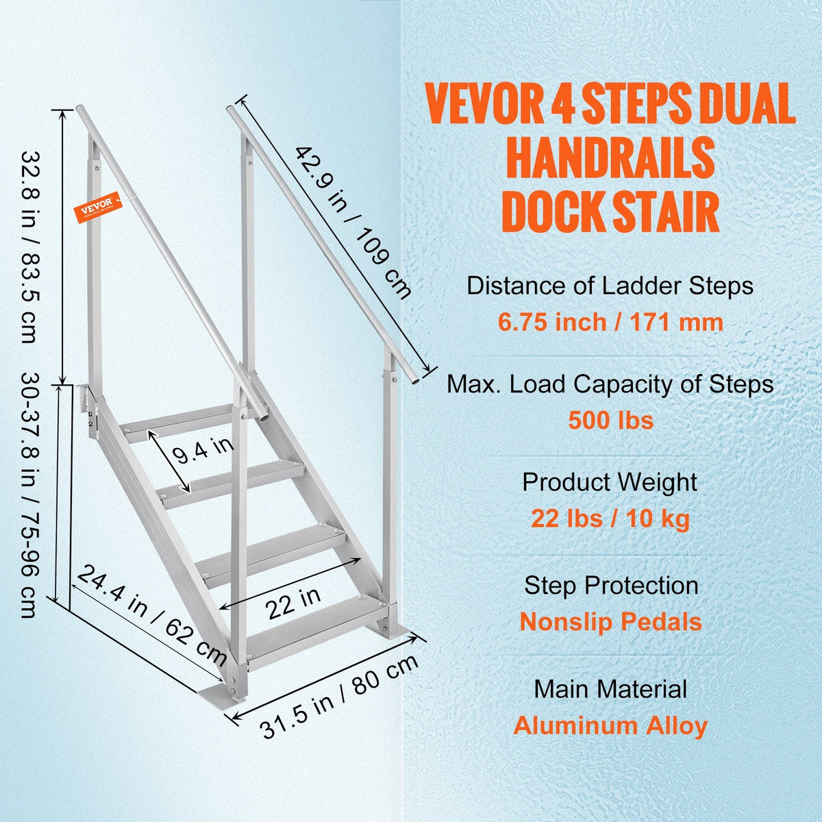 VEVOR Dock Ladder 4 Step, Dock Stairs 30''-38'' Adjustable Height, 500