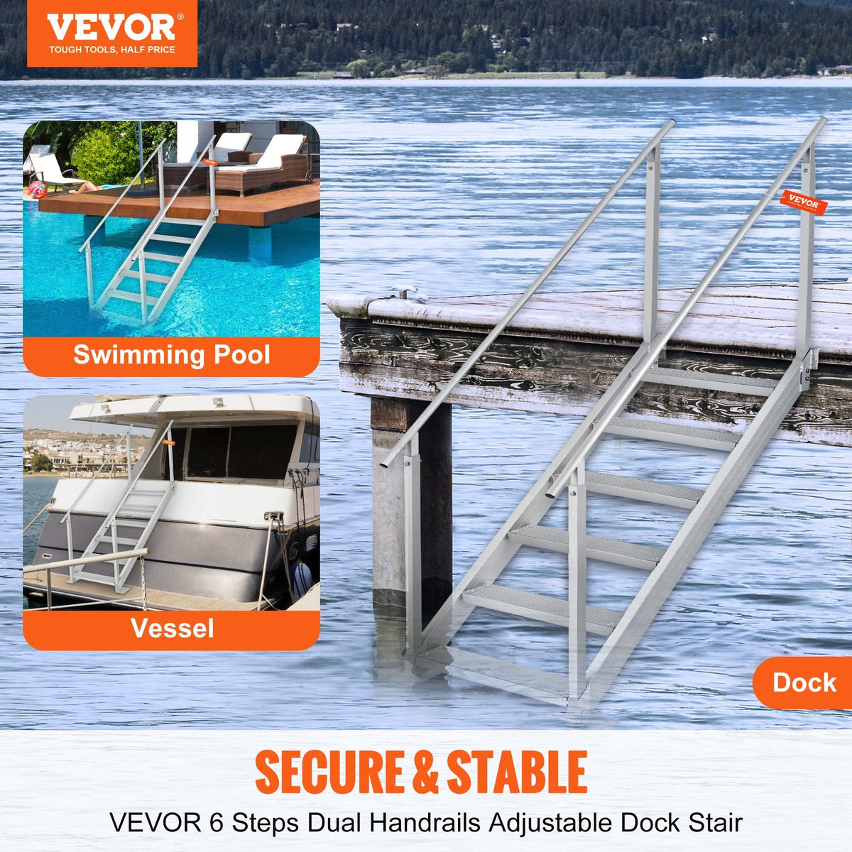 VEVOR Aluminum Dock Ladder Boat Dock Ladder 43-51in/109.2-129.5 cm