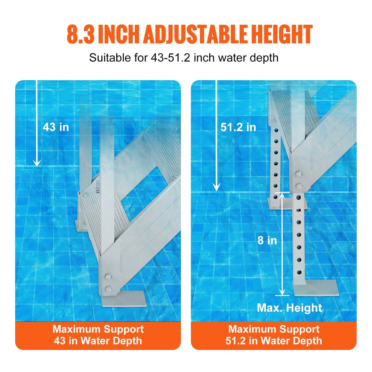 VEVOR Aluminum Dock Ladder Boat Dock Ladder 43-51in/109.2-129.5 cm