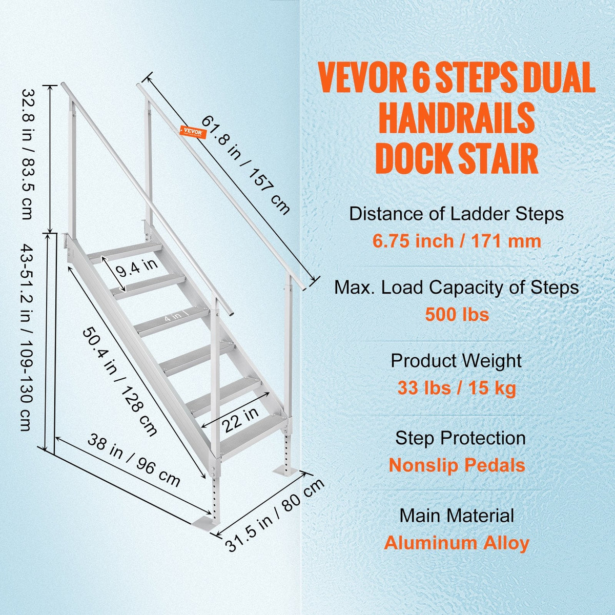VEVOR Aluminum Dock Ladder Boat Dock Ladder 43-51in/109.2-129.5 cm