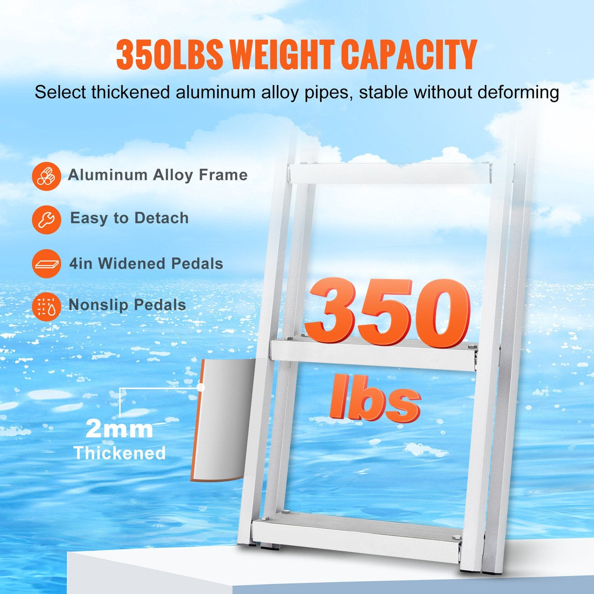 VEVOR Dock Ladder, Removable 3 Steps, 350 lbs Load Capacity, Aluminum