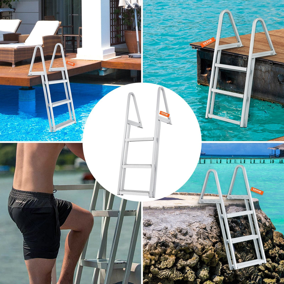 VEVOR Dock Ladder, Removable 3 Steps, 350 lbs Load Capacity, Aluminum