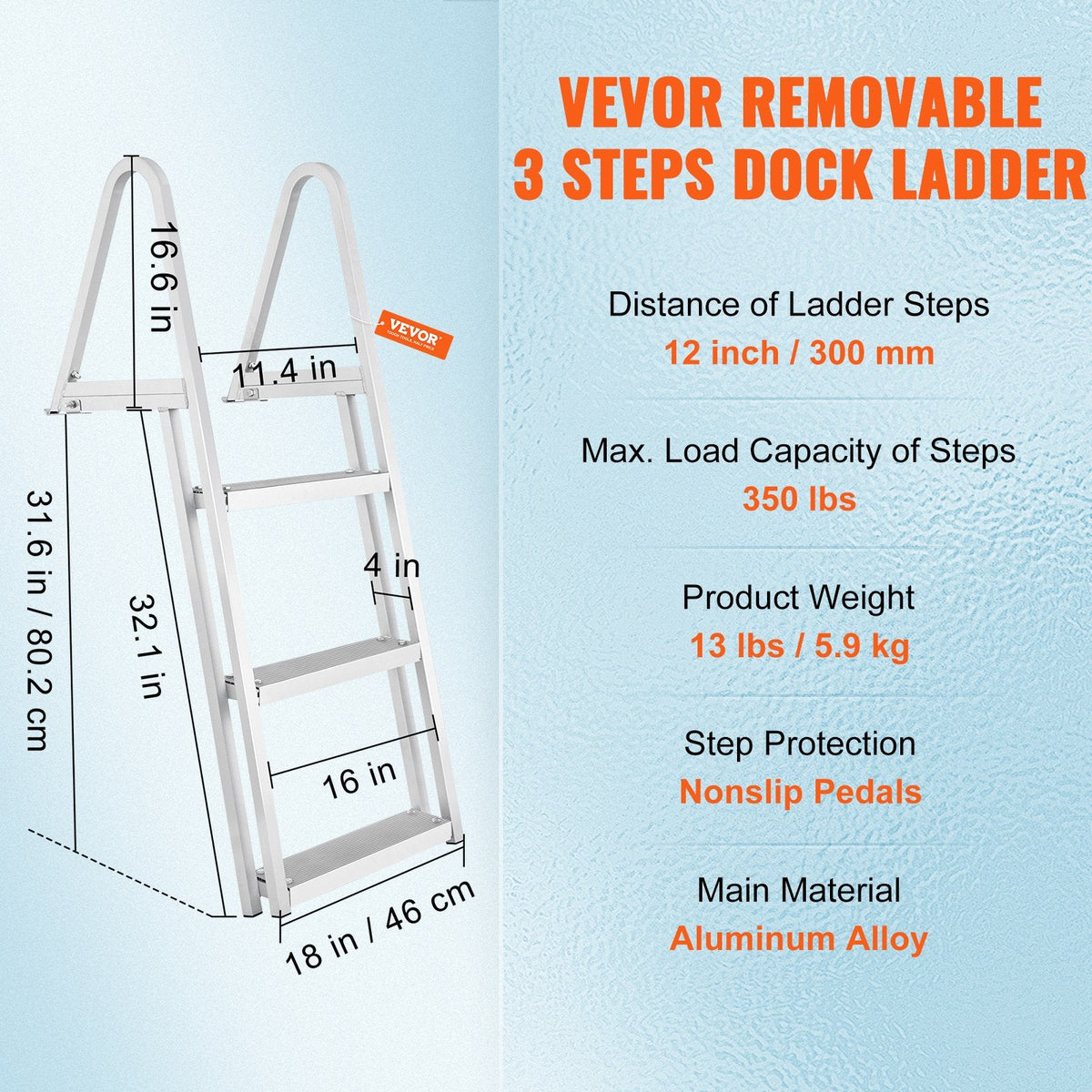 VEVOR Dock Ladder, Removable 3 Steps, 350 lbs Load Capacity, Aluminum