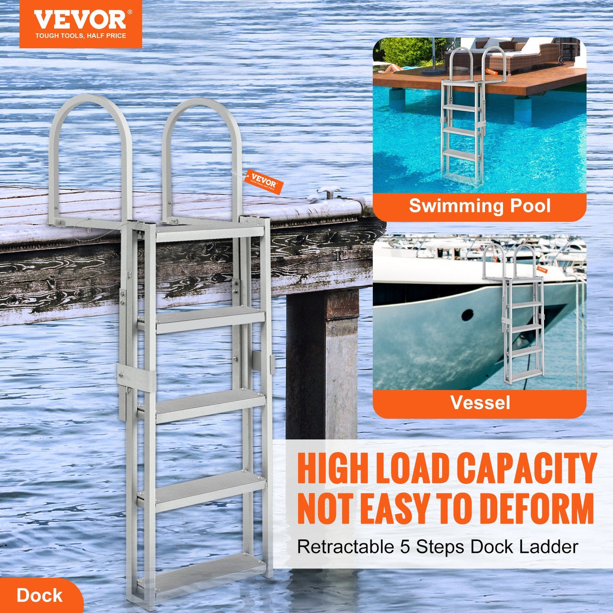 VEVOR Dock Ladder, Retractable 5 Steps, 350 lbs Load Capacity,