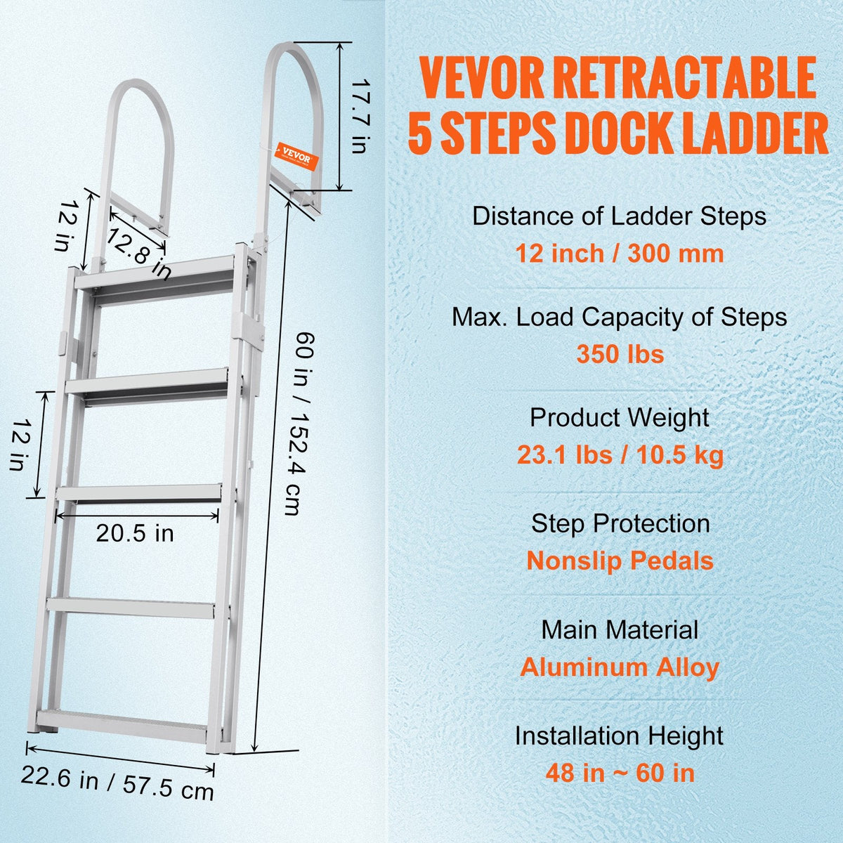 VEVOR Dock Ladder, Retractable 5 Steps, 350 lbs Load Capacity,
