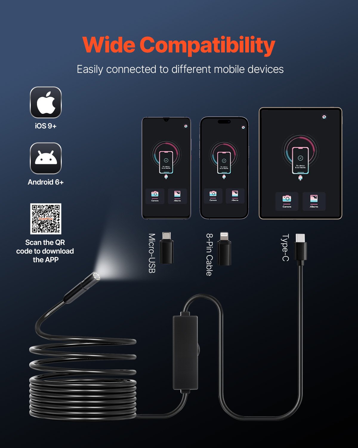 Endoscope Camera with Light, 1920P HD Borescope for Android & IOS, 8
