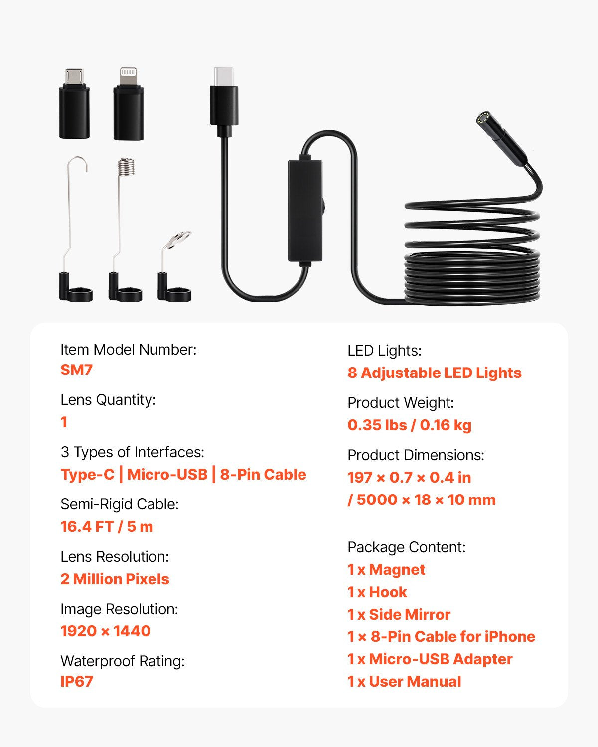 Endoscope Camera with Light, 1920P HD Borescope for Android & IOS, 8