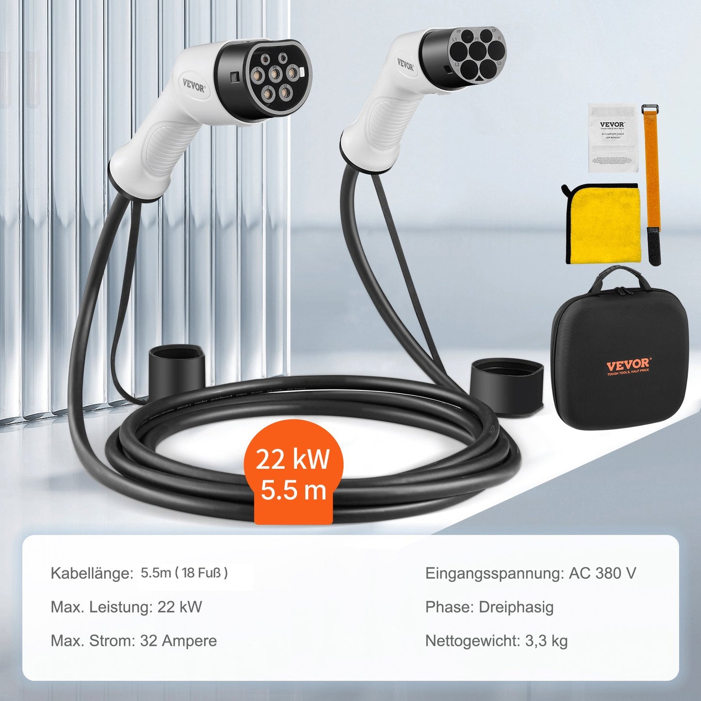 Type 2 to Type 2 EV Charging Cable, 32Amp, 22kW 5 Meters Three Phase
