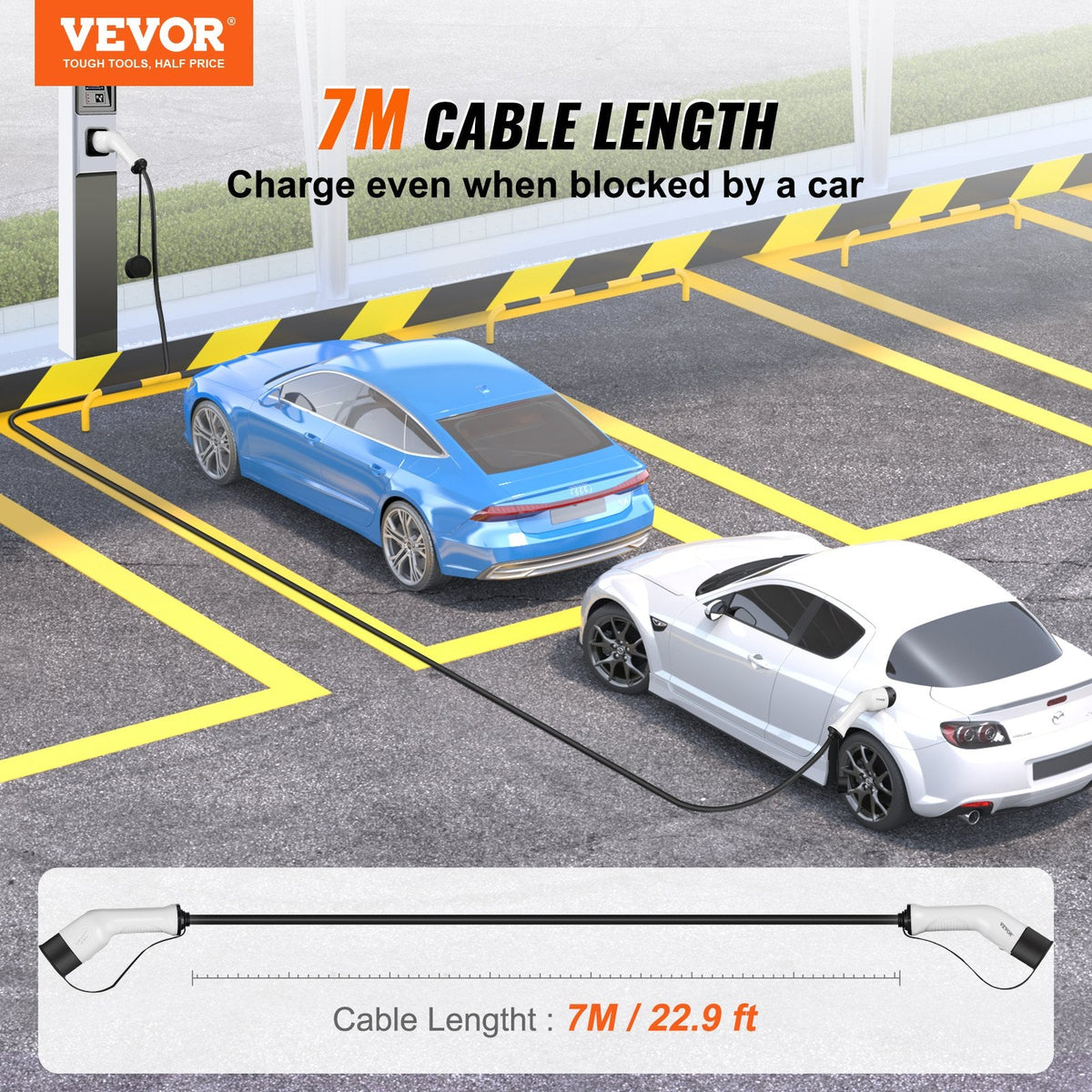 VEVOR Type 2 to Type 2 EV Charging Cable, 32Amp, 22kW 7 Meters Three