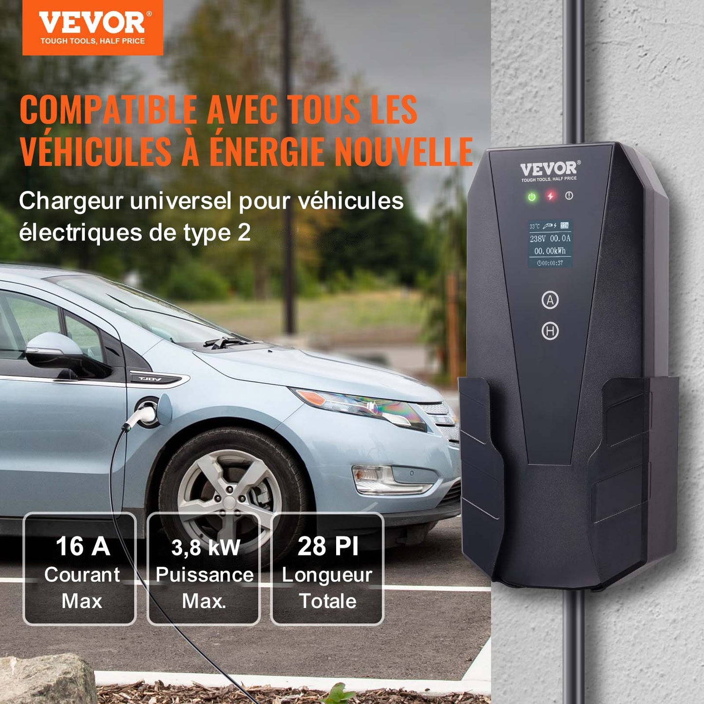Portable EV Charger Type 2, 16A 3.7 kW, Electric Vehicle Car Charger